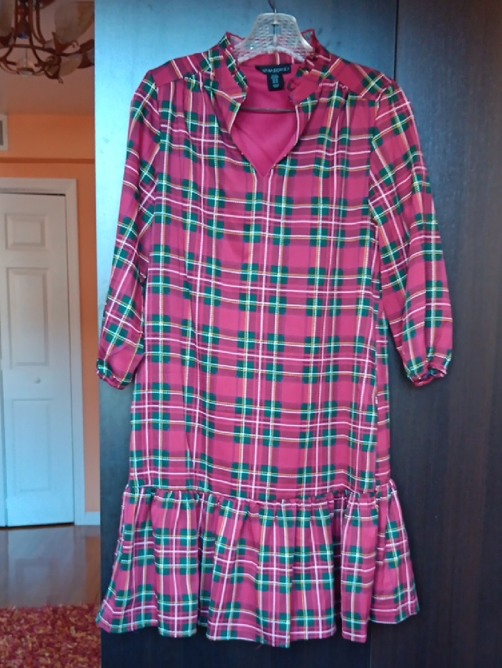 CYNTHIA ROWLEY Plaid Flounce Hem Ruffle Neck Mini Dress - Picture 3 of 7